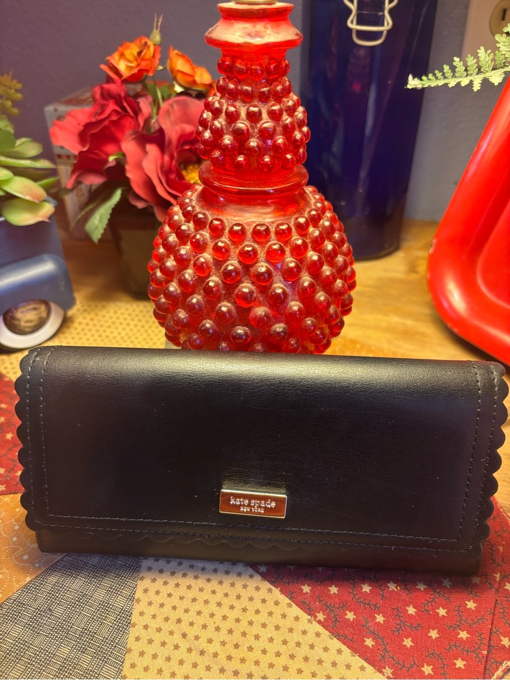 Kate Spade black Scalloped edge flap Wallet With Gold Logo